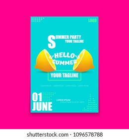 Vector Hello Summer Beach Party vertical A4 poster Design template with fresh lemon isolated on azure background. Hello summer concept label or flyer with orange fruit and typographic text.