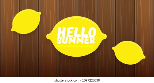 Vector Hello Summer Beach Party horizontal banner Design template with fresh lemon isolated on wooden sigm background. Hello summer concept label or poster with orange fruit and typographic text.