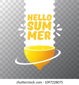 Vector Hello Summer Beach Party Flyer Design template with fresh lemon isolated on transparent background. Hello summer concept label or poster with orange fruit and typographic text.
