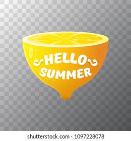 Vector Hello Summer Beach Party Flyer Design template with fresh lemon isolated on transparent background. Hello summer concept label or poster with orange fruit and typographic text.