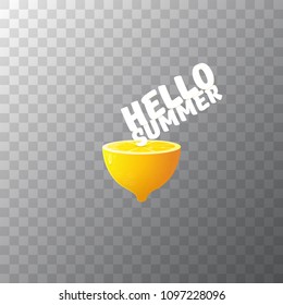 Vector Hello Summer Beach Party Flyer Design template with fresh lemon isolated on transparent background. Hello summer concept label or poster with orange fruit and typographic text.