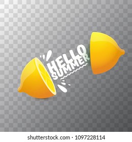 Vector Hello Summer Beach Party Flyer Design template with fresh lemon isolated on transparent background. Hello summer concept label or poster with orange fruit and typographic text.