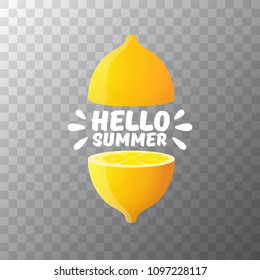 Vector Hello Summer Beach Party Flyer Design template with fresh lemon isolated on transparent background. Hello summer concept label or poster with orange fruit and typographic text.
