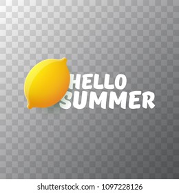 Vector Hello Summer Beach Party Flyer Design template with fresh lemon isolated on transparent background. Hello summer concept label or poster with orange fruit and typographic text.