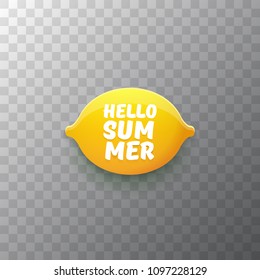 Vector Hello Summer Beach Party Flyer Design template with fresh lemon isolated on transparent background. Hello summer concept label or poster with orange fruit and typographic text.