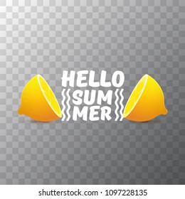 Vector Hello Summer Beach Party Flyer Design template with fresh lemon isolated on transparent background. Hello summer concept label or poster with orange fruit and typographic text.