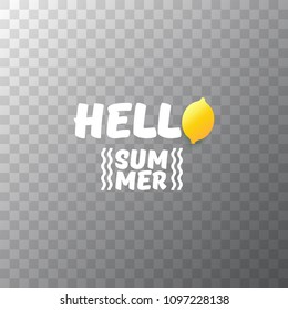Vector Hello Summer Beach Party Flyer Design template with fresh lemon isolated on transparent background. Hello summer concept label or poster with orange fruit and typographic text.