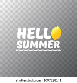 Vector Hello Summer Beach Party Flyer Design template with fresh lemon isolated on transparent background. Hello summer concept label or poster with orange fruit and typographic text.