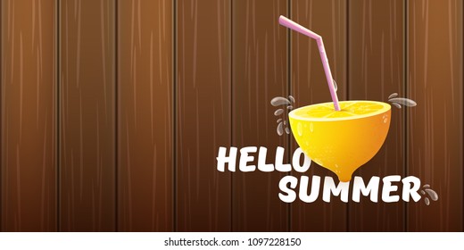 Vector Hello Summer Beach Party horizontal banner Design template with fresh lemon isolated on wooden sigm background. Hello summer concept label or poster with orange fruit and typographic text.