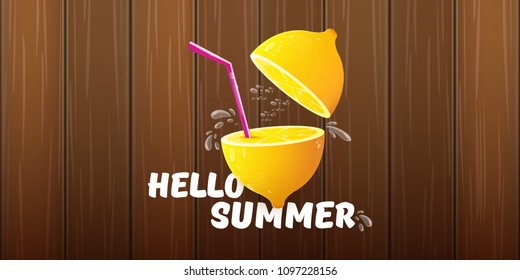 Vector Hello Summer Beach Party horizontal banner Design template with fresh lemon isolated on wooden sigm background. Hello summer concept label or poster with orange fruit and typographic text.