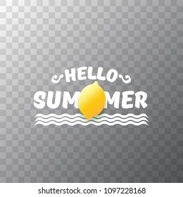 Vector Hello Summer Beach Party Flyer Design template with fresh lemon isolated on transparent background. Hello summer concept label or poster with orange fruit and typographic text.