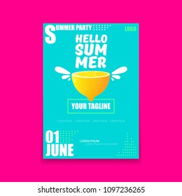 Vector Hello Summer Beach Party vertical A4 poster Design template with fresh lemon isolated on azure background. Hello summer concept label or flyer with orange fruit and typographic text.