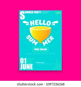 Vector Hello Summer Beach Party vertical A4 poster Design template with fresh lemon isolated on azure background. Hello summer concept label or flyer with orange fruit and typographic text.