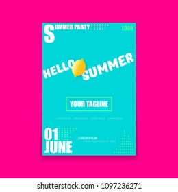 Vector Hello Summer Beach Party vertical A4 poster Design template with fresh lemon isolated on azure background. Hello summer concept label or flyer with orange fruit and typographic text.
