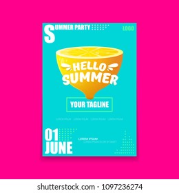 Vector Hello Summer Beach Party vertical A4 poster Design template with fresh lemon isolated on azure background. Hello summer concept label or flyer with orange fruit and typographic text.