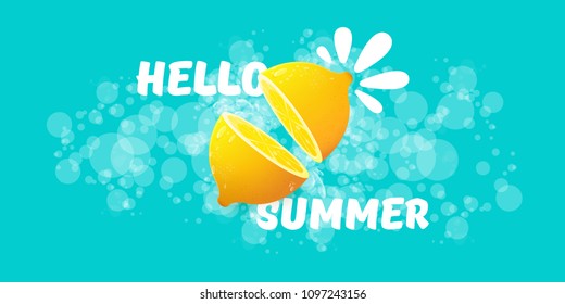 Vector Hello Summer Beach Party horizontal banner Design template with fresh lemon isolated on azure background. Hello summer concept label or poster with orange fruit and typographic text.