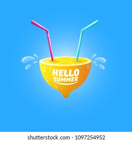 Vector Hello Summer Beach Party Flyer Design template with fresh lemon isolated on blue background. Hello summer concept label or poster with orange fruit and typographic text.
