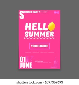 Vector Hello Summer Beach Party vertical A4 poster Design template or mock up with fresh lemon on pink background with text. Hello summer concept label or flyer with orange fruit and typographic text.