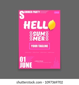 Vector Hello Summer Beach Party vertical A4 poster Design template or mock up with fresh lemon on pink background with text. Hello summer concept label or flyer with orange fruit and typographic text.