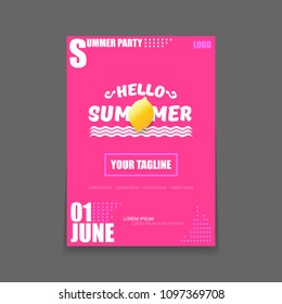 Vector Hello Summer Beach Party vertical A4 poster Design template or mock up with fresh lemon on pink background with text. Hello summer concept label or flyer with orange fruit and typographic text.