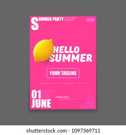 Vector Hello Summer Beach Party vertical A4 poster Design template or mock up with fresh lemon on pink background with text. Hello summer concept label or flyer with orange fruit and typographic text.