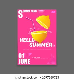 Vector Hello Summer Beach Party vertical A4 poster Design template or mock up with fresh lemon on pink background with text. Hello summer concept label or flyer with orange fruit and typographic text.