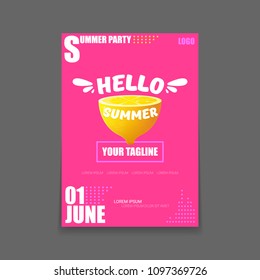 Vector Hello Summer Beach Party vertical A4 poster Design template or mock up with fresh lemon on pink background with text. Hello summer concept label or flyer with orange fruit and typographic text.