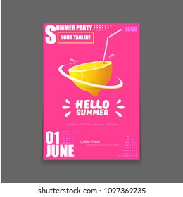 Vector Hello Summer Beach Party vertical A4 poster Design template or mock up with fresh lemon on pink background with text. Hello summer concept label or flyer with orange fruit and typographic text.