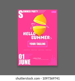 Vector Hello Summer Beach Party vertical A4 poster Design template or mock up with fresh lemon on pink background with text. Hello summer concept label or flyer with orange fruit and typographic text.
