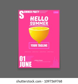 Vector Hello Summer Beach Party vertical A4 poster Design template or mock up with fresh lemon on pink background with text. Hello summer concept label or flyer with orange fruit and typographic text.