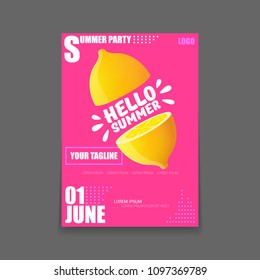 Vector Hello Summer Beach Party vertical A4 poster Design template or mock up with fresh lemon on pink background with text. Hello summer concept label or flyer with orange fruit and typographic text.