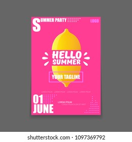 Vector Hello Summer Beach Party vertical A4 poster Design template or mock up with fresh lemon on pink background with text. Hello summer concept label or flyer with orange fruit and typographic text.