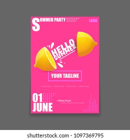 Vector Hello Summer Beach Party vertical A4 poster Design template or mock up with fresh lemon on pink background with text. Hello summer concept label or flyer with orange fruit and typographic text.