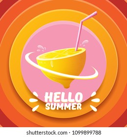 Vector Hello Summer Beach Party Flyer Design template with fresh lemon isolated on abstract circle orange background. Hello summer concept label or poster with orange fruit and typographic text.