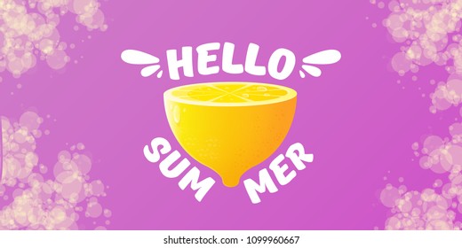 Vector Hello Summer Beach Party horizontal banner Design template with fresh lemon isolated on violet background. Hello summer concept label or poster with orange fruit and typographic text.