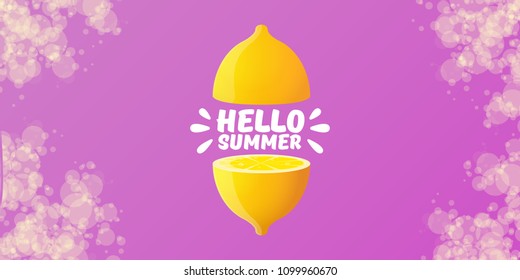 Vector Hello Summer Beach Party horizontal banner Design template with fresh lemon isolated on violet background. Hello summer concept label or poster with orange fruit and typographic text.