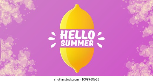 Vector Hello Summer Beach Party horizontal banner Design template with fresh lemon isolated on violet background. Hello summer concept label or poster with orange fruit and typographic text.