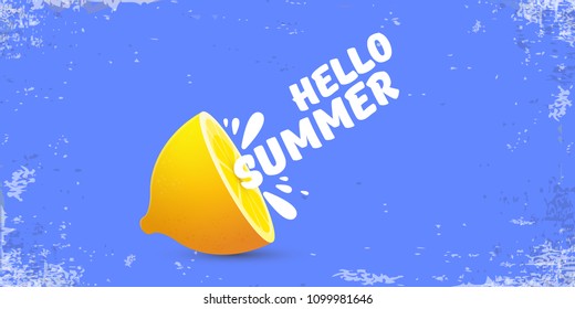 Vector Hello Summer Beach Party horizontal banner Design template with fresh lemon isolated on blue sky background. Hello summer concept label or poster with orange fruit and typographic text.