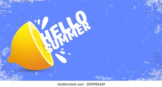 Vector Hello Summer Beach Party horizontal banner Design template with fresh lemon isolated on blue sky background. Hello summer concept label or poster with orange fruit and typographic text.
