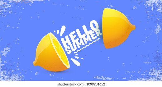 Vector Hello Summer Beach Party horizontal banner Design template with fresh lemon isolated on blue sky background. Hello summer concept label or poster with orange fruit and typographic text.