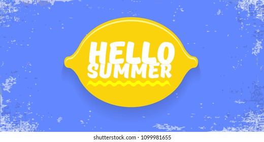 Vector Hello Summer Beach Party horizontal banner Design template with fresh lemon isolated on blue sky background. Hello summer concept label or poster with orange fruit and typographic text.