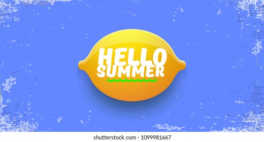 Vector Hello Summer Beach Party horizontal banner Design template with fresh lemon isolated on blue sky background. Hello summer concept label or poster with orange fruit and typographic text.