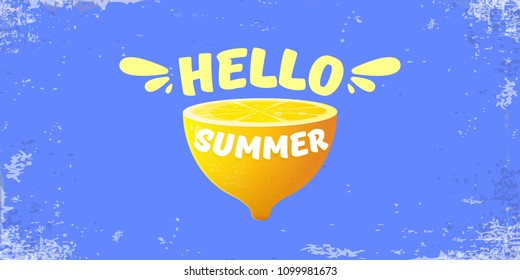 Vector Hello Summer Beach Party horizontal banner Design template with fresh lemon isolated on blue sky background. Hello summer concept label or poster with orange fruit and typographic text.