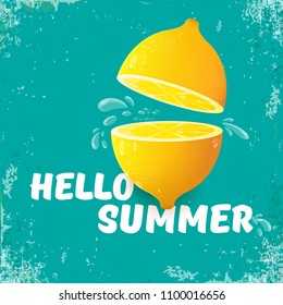 Vector Hello Summer Beach Party Flyer Design template with fresh lemon isolated on azure or torquoise background. Hello summer concept label or poster with orange fruit and typographic text.