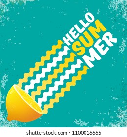 Vector Hello Summer Beach Party Flyer Design template with fresh lemon isolated on azure or torquoise background. Hello summer concept label or poster with orange fruit and typographic text.