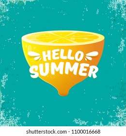 Vector Hello Summer Beach Party Flyer Design template with fresh lemon isolated on azure or torquoise background. Hello summer concept label or poster with orange fruit and typographic text.
