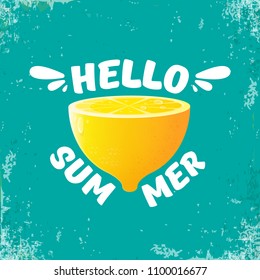 Vector Hello Summer Beach Party Flyer Design template with fresh lemon isolated on azure or torquoise background. Hello summer concept label or poster with orange fruit and typographic text.