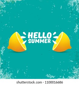 Vector Hello Summer Beach Party Flyer Design template with fresh lemon isolated on azure or torquoise background. Hello summer concept label or poster with orange fruit and typographic text.