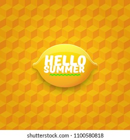Vector Hello Summer Beach Party Flyer Design template with fresh lemon isolated on orange isometric pattern background. Hello summer concept label or poster with orange fruit and typographic text.