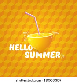 Vector Hello Summer Beach Party Flyer Design template with fresh lemon isolated on orange isometric pattern background. Hello summer concept label or poster with orange fruit and typographic text.